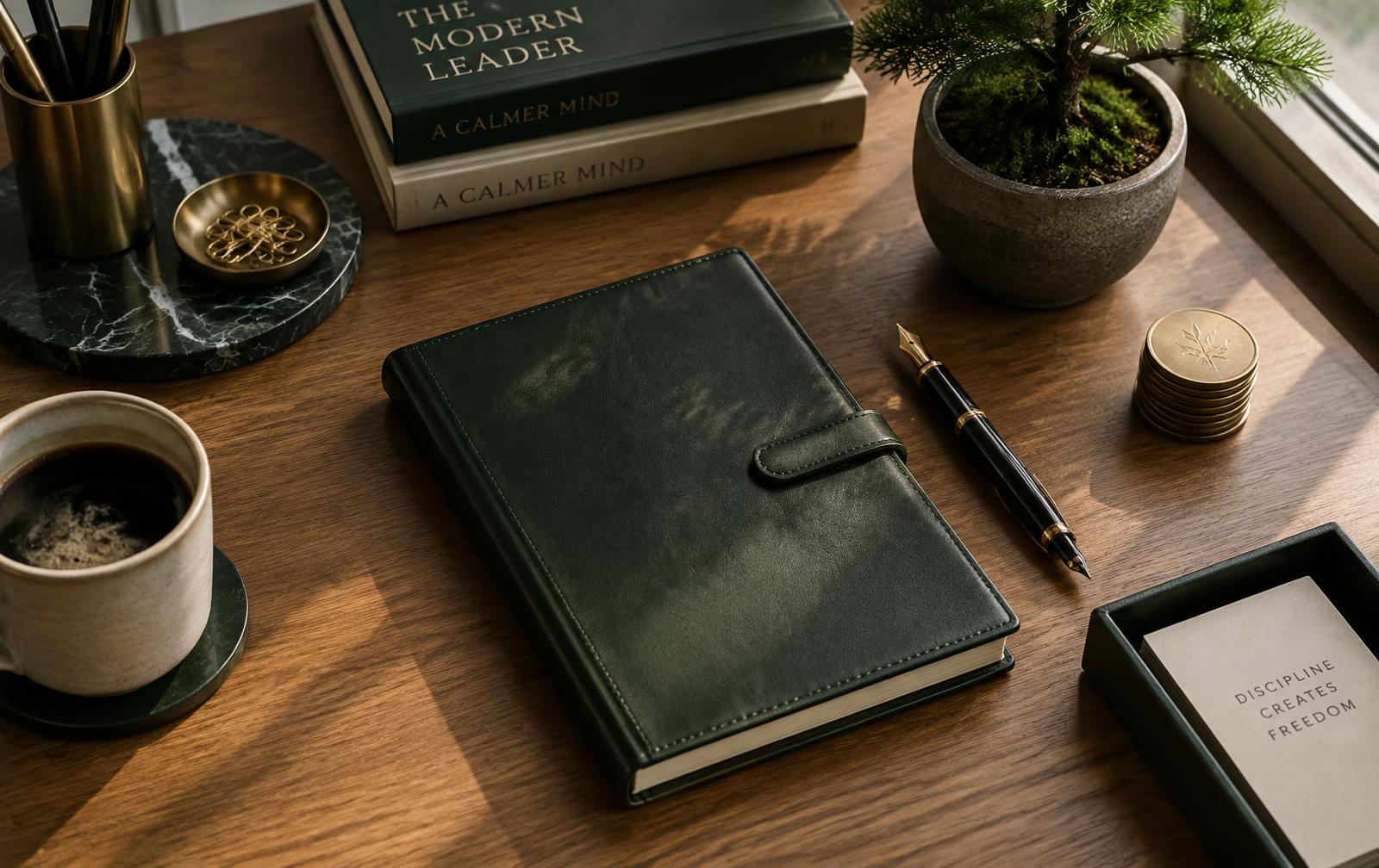A leather notebook, fountain pen and stacked coins on a sunlit oak desk